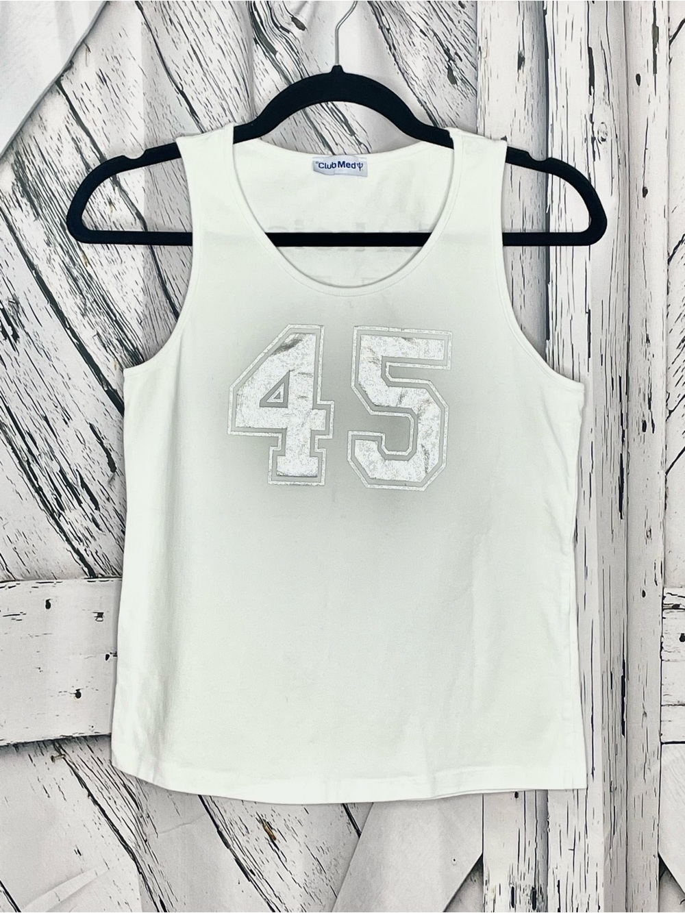 Y2K Club Med Turquoise 45 Tank Top White Silver Size S